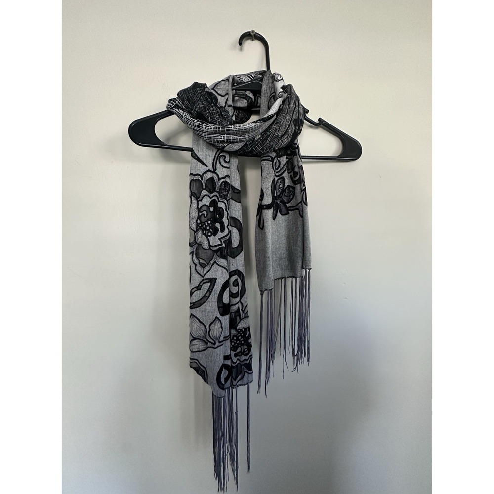 Whimsygoth / Boho / Gypsy / Festival / Grunge Floral Scarf Black Grey Fringe 76"
